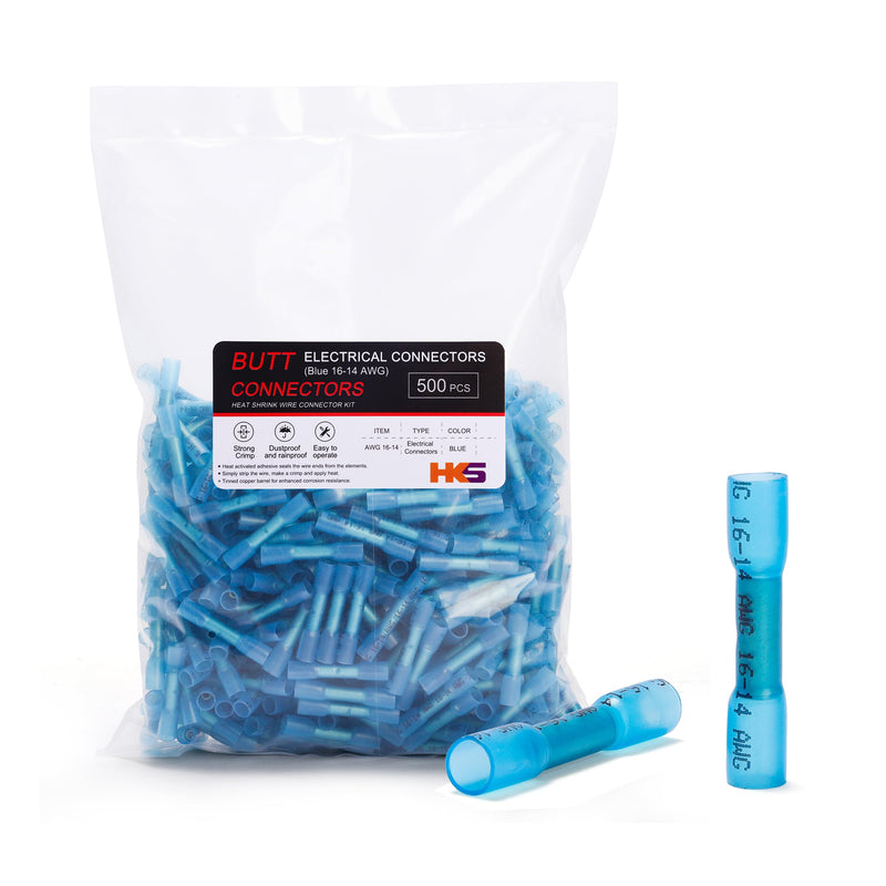 HKS 500 PCS Heat Shrink Butt Connector Blue 16-14 AWG - Electrical Connectors - Tinned Red Copper 0.8mm - Automotive Marine Stereo Boat Crimp - Waterproof and Insulated 16-14AWG
