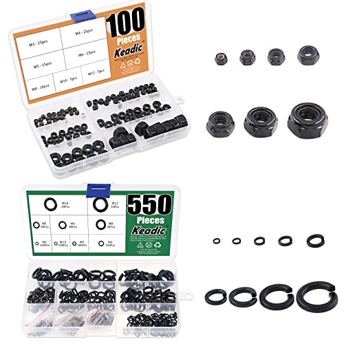 Keadic 650 Pieces Metric Black Zinc Plated Nylon Insert Lock Nuts Assortment Kit, Spring Lock Washer 9 Sizes - M2 M2.5 M3 M4 M5 M6 M8 M10 M12
