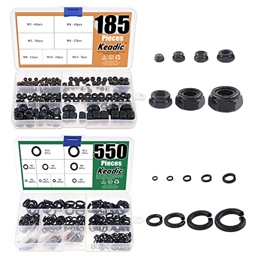 Keadic 735Pcs Metric Black Zinc Plated Alloy Steel Spring Lock Washer Assortment Kit, Nylon Insert Lock Nuts Assortment Kit for Matching Screws or Bolts, 9 Sizes - M2 M2.5 M3 M4 M5 M6 M8 M10 M12