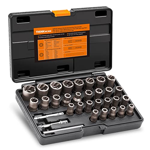 32 Pcs Bolt Extractor Kit, 1/4" & 3/8" Drive Impact Bolt & Nut Remover Set 32 Piece