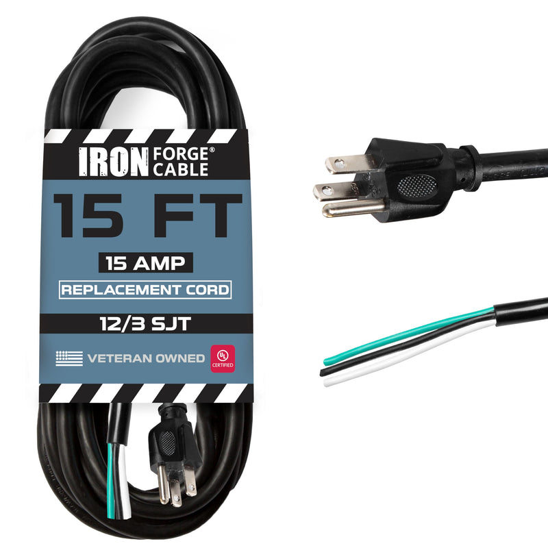 Iron Forge Cable 12 Gauge Power Cord Replacement - 15ft,15 Amp Black Heavy Duty, 12/3 SJT 3 Prong Cable - for Appliances & Power Tools, NEMA 5-15P 15 ft 12 AWG (15 Amp)