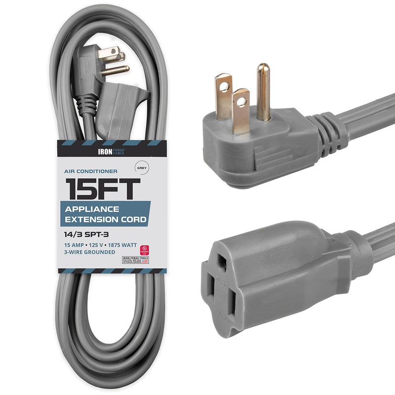Iron Forge Cable 15 ft Appliance Extension Cord Gray 14/3 Heavy Duty - Flat Plug & Flat Cable 15 Amp 3 Prong SPT-3 for Major Home Appliances, 14 AWG 15 Foot