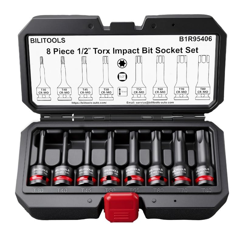 BILITOOLS 8-Piece Impact Torx Bit Socket Set, 1/2 Drive, T30-T80, Cr-Mo