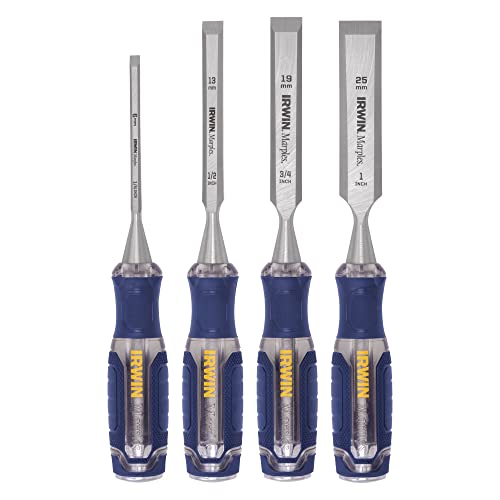 IRWIN Chisel Set, Woodworking, 4-Pack, Extra-Long Strike Cap, Strong & Durable Steel Core (IRHT82507) 1/2 to 2 inches