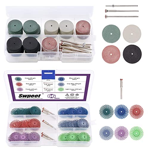 Swpeet 118Pcs Buffing Wheel Assortment Kit, Including 60 1" Gap Polishing Pad 40 Silicone Rubber Polishing Wheels 18 Shanks, Rotary Tools for Cleaning Finishing Deburring