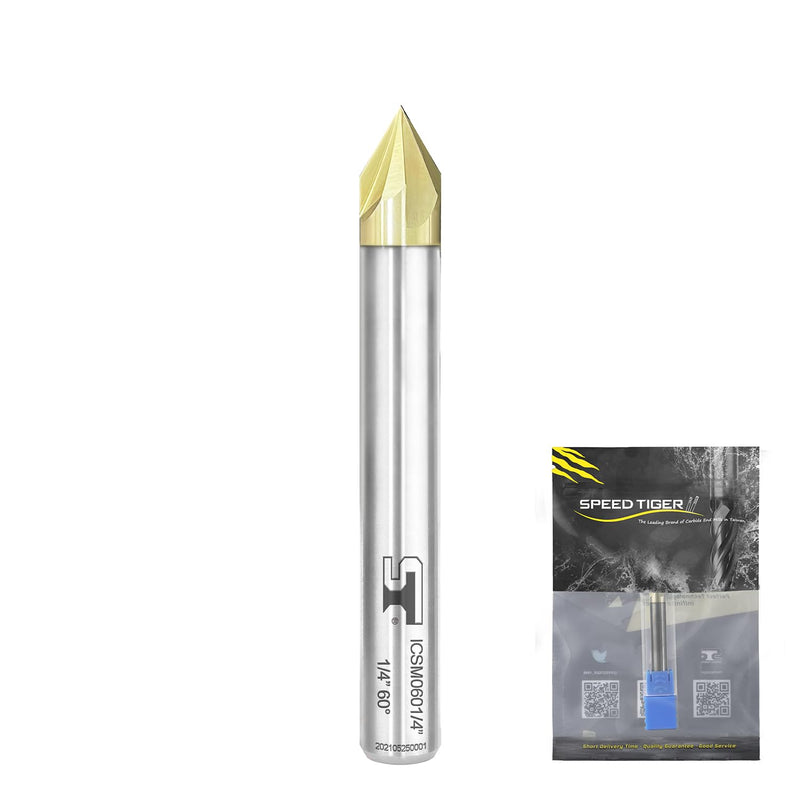 SPEED TIGER Chamfer End Mill - CNC Carving Bits, V Groove, 60 Degree, ICSM1/2 Diameter 3" OVL (1 Piece, 1/2" 60°) - for Wood, Alloy Steels, Hardened Steels – Mill Bits Sets for DIYers & Professionals 1/2" 60°