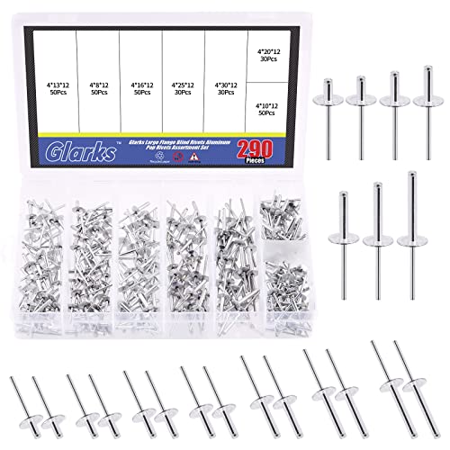 Glarks 290Pcs 5/32" x 5/16" / 3/8" / 1/2" / 5/8"/ 13/16" / 1" / 1-3/16" Large Flange Aluminum Blind Rivets Pop Rivets Assortment Set for Joining Metal Plate Pipe Automotive
