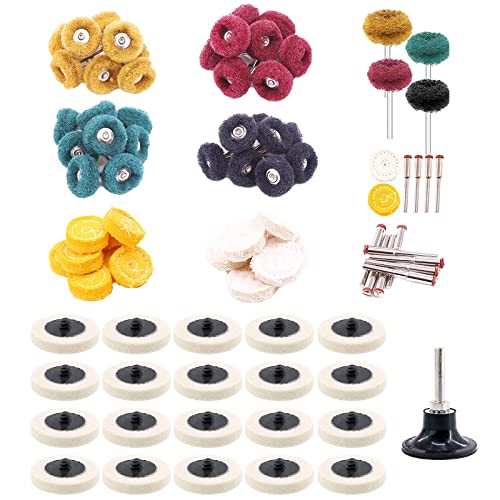 Swpeet 70Pcs Polishing Wheel Assortmen Kit with Shank, Include 20Pcs 2" Wool Buffing Pads 50Pcs Abrasive Sanding Flap Wheel, for Polishing and Buffing Projects