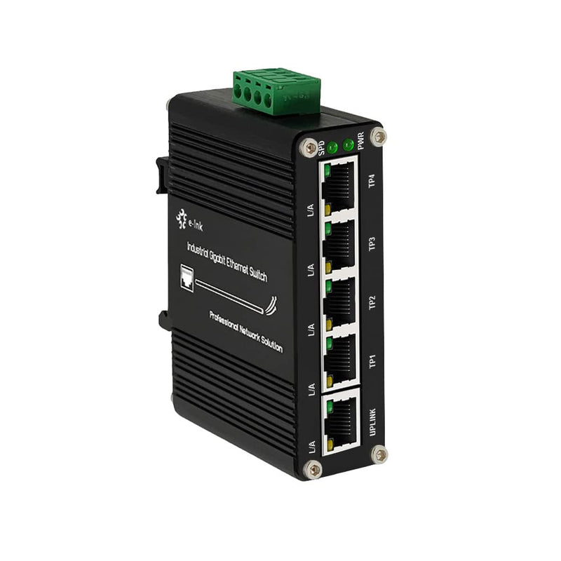 Mini Industrial 5 Ports Gigabit Switch Hardened 5 Port RJ45 10/100/1000Mbps Ethernet Switch Din Rail Mount Ethernet Switch Wall Mounts Included (-40 to 167 ºF) 10Gbps Switching Capacity 5 Ports Switch