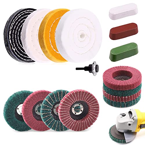 Keadic 16Pcs 4 Inches Nylon Fiber Flap Discs Buffing Polishing Wheel Set, 120 180 240 320 Grit Assorted Sanding Grinding and 3 pcs Polish Compound, 1/2" Arbor Hole Arbor Hole for Bench Grinder