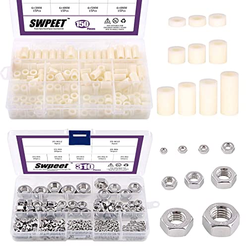 Swpeet 645Pcs Nylon Round Spacer Standoff Screw Nut for M6 Screws Prototyping and 9 Sizes Hex Nuts Assorment Kit for M2 M2.5 M3 M4 M5 M6 M8 M10 M12