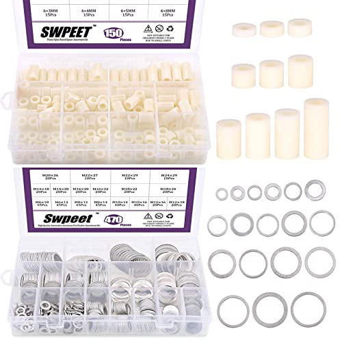 Swpeet 2350Pcs Nylon Round Spacer Standoff Screw Nut for M6 Screws Prototyping and 18 Sizes Oil Drain Plug Gasket Aluminum Flat Washer Assortment Kit