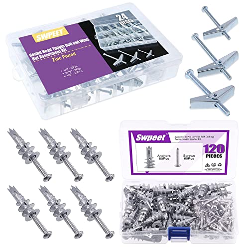 Swpeet 124Pcs Toggle Bolt Wing Nut Kit and Zinc Self Drilling Drywall Achors Kit
