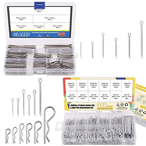 Glarks 340Pcs 6 Sizes 304 Stainless Steel Cotter Pin Assortment Kit +300Pcs 12 Size Zinc Plated Steel Cotter Pin and Hair Pin Assortment Kit