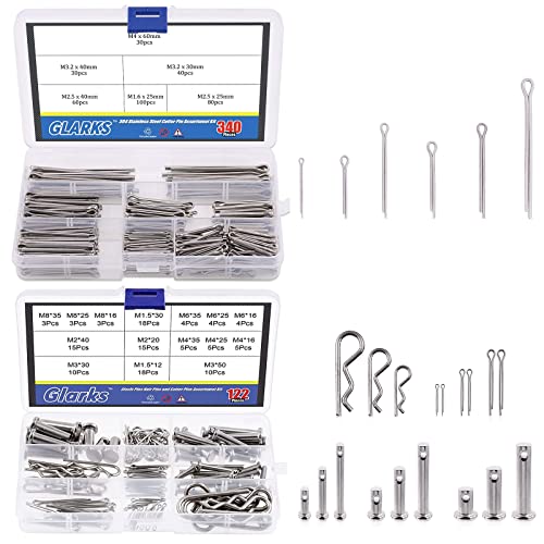 Glarks 340-Pieces 6 Sizes 304 Stainless Steel Cotter Pin Clip Key Fastner Assortment Kit + 122Pcs 4 Styles Clevis Pin/Cotter Pin/Hair Pin/Dowel Pin Assortment Set