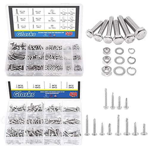 Glarks 510Pcs Flat Hex Stainless Steel Screws Bolts Nuts Lock and Flat Washers Assortment Kit + 420Pcs 410 Stainless Steel #8 TEK Screw Assortment Kit