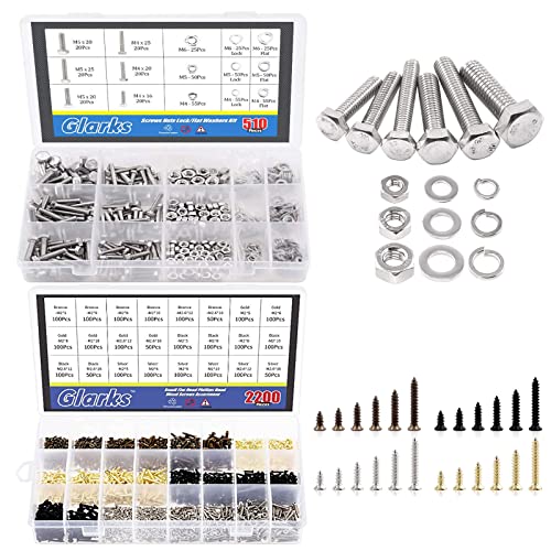 Glarks 510Pcs Flat Hex Stainless Steel Screws Bolts Nuts Lock and Flat Washers Assortment Kit + 2200Pcs Self Tapping Flat Cross Head Screws Assortment Kit
