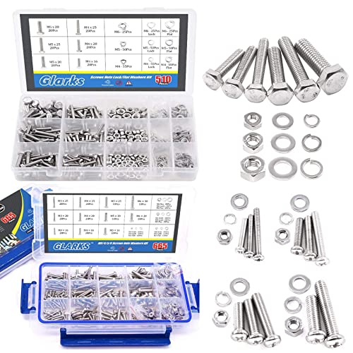 Glarks 510Pcs Flat Hex Stainless Steel Screws Bolts Nuts Lock and Flat Washers Assortment Kit + 665Pcs Stainless Steel Phillips Pan Head Screws Bolts Nuts and Flat Spring Washers Assortment Kit