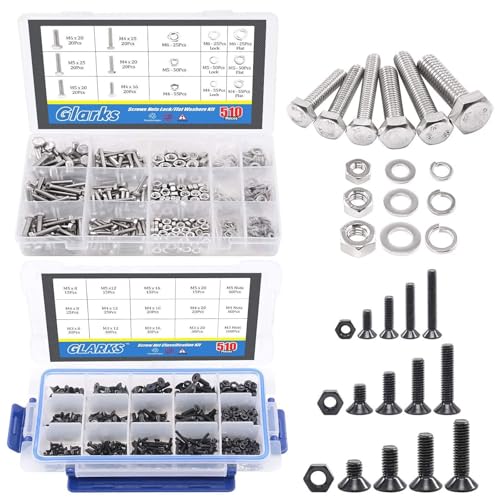 Glarks 510 Pcs Flat Hex Stainless Steel Screws Bolts Nuts Lock and Flat Washers Assortment Kit + 510Pcs Metric M3 M4 M5 Alloy Steel Socket Cap Screws Bolt Nuts Assortment Kit