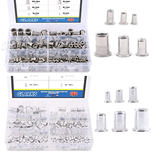 Glarks 180Pcs 304 Stainless Steel Flat Head Threaded Rivet nut Assortment Kit +160Pcs Aluminum Alloy Flat Head Metric Threaded Rivetnut Insert Nutsert Rivet Nut Assortment Kit