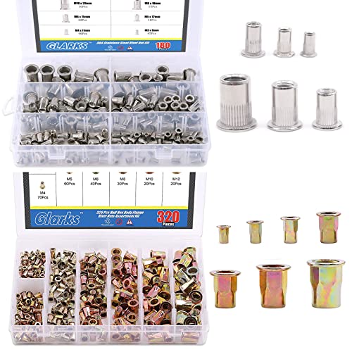 Glarks 180Pcs 304 Stainless Steel Flat Head Threaded Rivetnut Insert Nutsert Rivet Nut Assortment Kit + 320Pcs M3 M4 M5 M6 M8 M10 M12 Half Hex Body Flange Rivet Nuts Assortment Kit