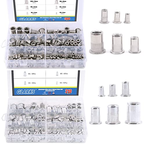 Glarks 180Pcs 304 Stainless Steel Flat Head Threaded Rivet Nut Assortment Kit +210Pcs Aluminum Alloy Flat Head Metric Threaded Rivetnut Insert Nutsert Rivet Nut Assortment Kit