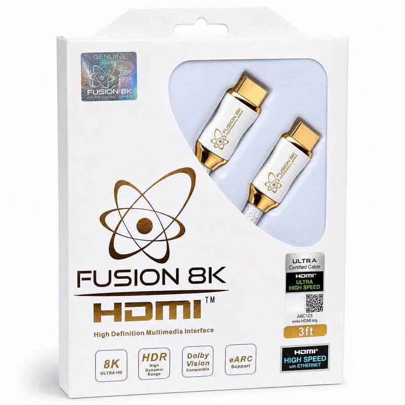 Fusion8K White HDMI 2.1 Cable 3ft - Certified 48Gbps 8K@60Hz 4K@120Hz 10K | HDR Dolby Vision eARC | Braided Cord for PS5 Xbox Series X Apple TV 4K 3 Feet