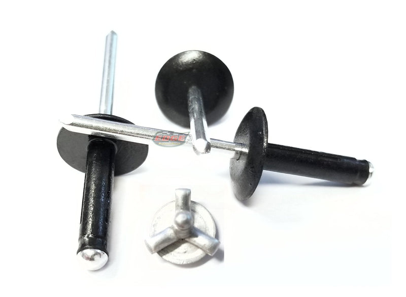 Black Exploding Pop Rivets 3/16" Tri-Fold Large Head Aluminum Mandrel .040 - .354 Grip Range Fastener 150 Black