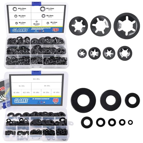 Glarks 280Pcs Internal Tooth Speed Clips Fasteners Assortment Kit + 410Pcs Metric M2 M2.5 M3 M4 M5 M6 M8 M10 Flat Washers Assortment Set
