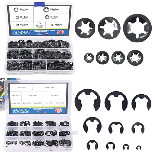 Glarks 280Pcs Internal Tooth Speed Clips Fasteners Assortment Kit + 300Pcs 10 Size Black Alloy Steel E-Clip External Retaining Ring Washer Assortment Set