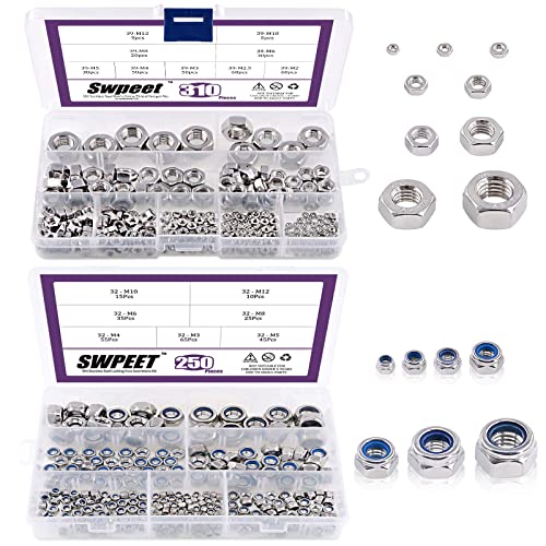 Swpeet 745Pcs 304 Stainless Steel Metric Lock Nut and Hex Nuts Assortment Kit