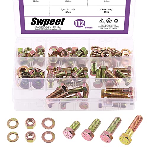 Swpeet 112Pcs 3/8-16" x 3/4" to 1-1/2" 5 Sizes Grade 8 USS Nut Bolts Assortment Kit, Heavy Duty Bolt Nut and Washer Assortment Coarse Thread Hex Head Cap Screws Bolt Flat and Lock Washer Grade 8 USS - 3/8 Inch - 112Pcs