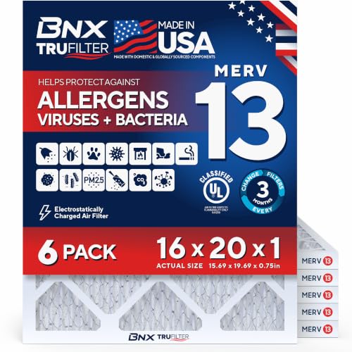 BNX TruFilter 16x20x1 Air Filter MERV 13 AC Filter, HVAC Furnace Filter, 6 Pack (ACTUAL SIZE 15.69"x19.69"x0.75") Allergies, Dust, Pet Dander & Smoke - MADE IN USA - MPR1500 / FPR 10 16x20x1 6-Pack
