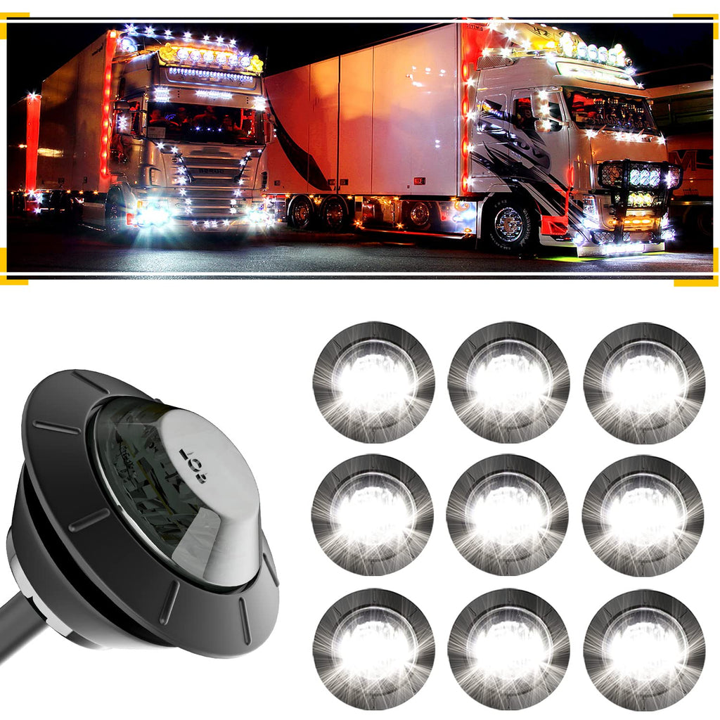 10Pcs 3/4'' Round LED Marker Lights White 12V Trailer Side Clearance Marker Front Rear Running Signal Tail Bullet Light Waterproof w/Smoked Lens for Trailer Truck ATV UTV RV Car Van Pickup Smoked Lens