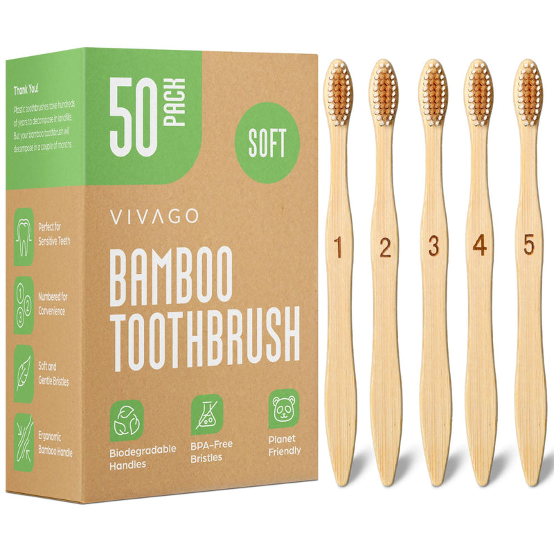 VIVAGO Bamboo Toothbrushes Bulk Soft Bristles (50 Pack) - Eco-Friendly, Natural Wooden Toothbrush 50 Count (Pack of 1)