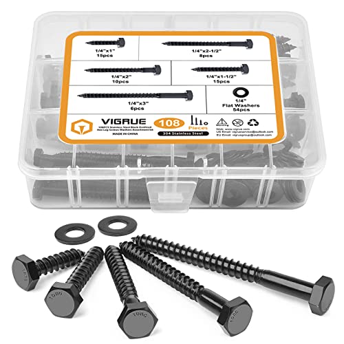 1/4" Hex Lag Bolts Stainless Steel 18-8 (304), VIGRUE 108PCS Black Oxidized, Hex Lag Screws Heavy Duty Wood Screws Washers Assortment Kit, Length Include 1" 1-1/2" 2" 2-1/2" 3" 1/4 x 1" to 3"