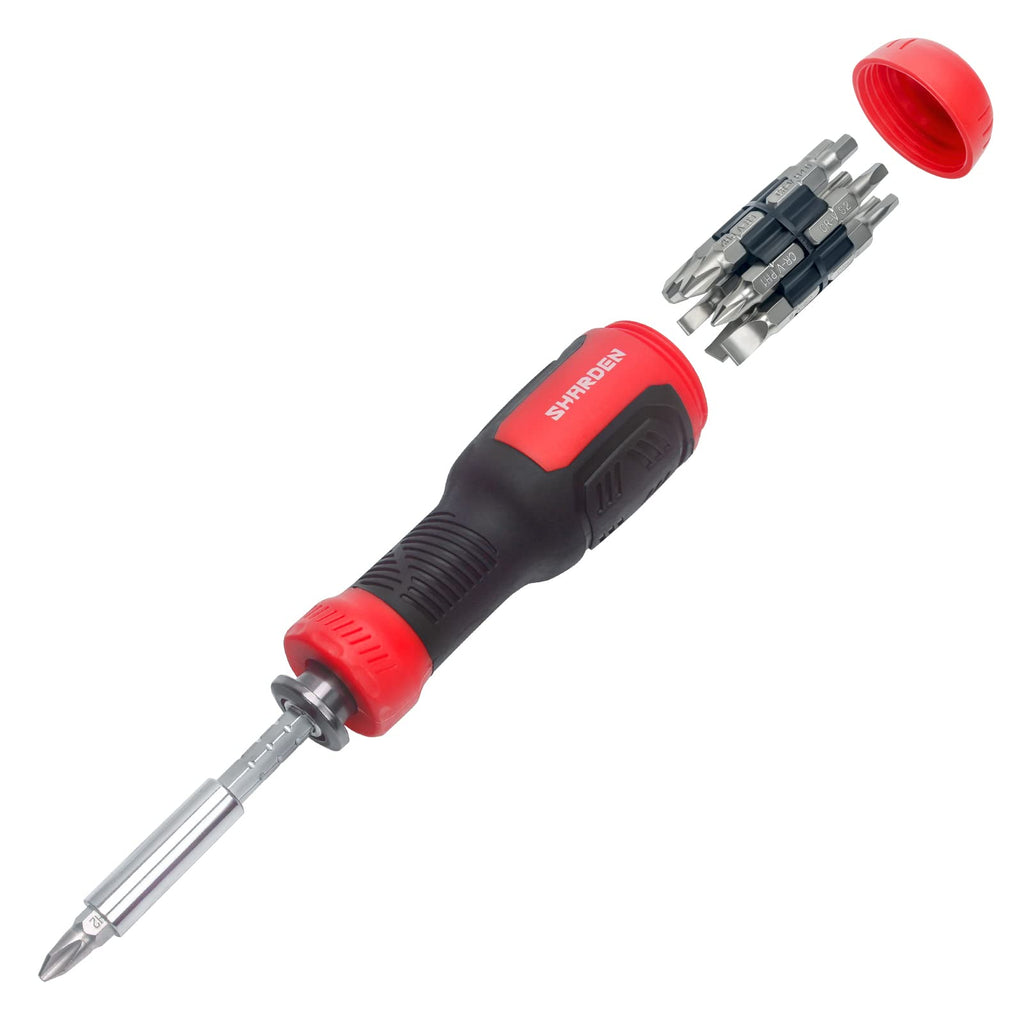 SHARDEN Multi Screwdriver 13-in-1 Screw Driver Adjustable Screwdriver Set Multitool All in One with Torx Security, Flat Head, Phillips, Hex, Square and 1/4 Nut Driver Multibit Red