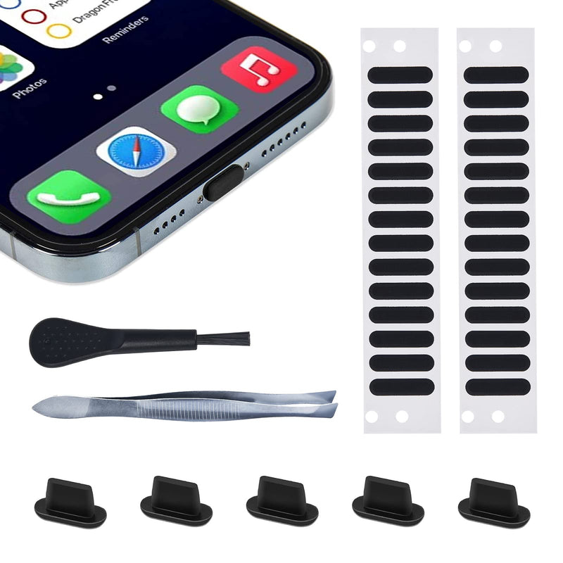 iPhone Speaker Cover Protector Dustproof Speaker Mesh Adhesive Stickers, 5PCS Anti Dust Plugs for iPhone 14/14 Pro Max, iPhone 13/13 Pro/12/12 Mini/12 Pro Max, Anti Dust Kit with Tweezers iPhone Ports(Silicone)