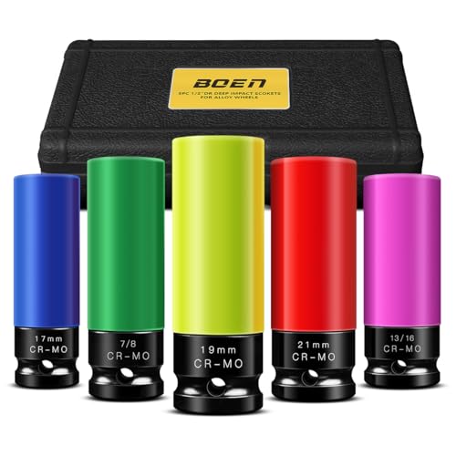 BOEN 1/2" Drive Wheel Protector Impact Socket, Non-Marring Lug Nut Thin Wall Deep Socket Set, CR-MO, 6 Point, Color-Coded Protective Socket | Metric 17 19 21 mm | SAE 13/16 7/8 inch (5 PCS) 5-Piece Metric/SAE