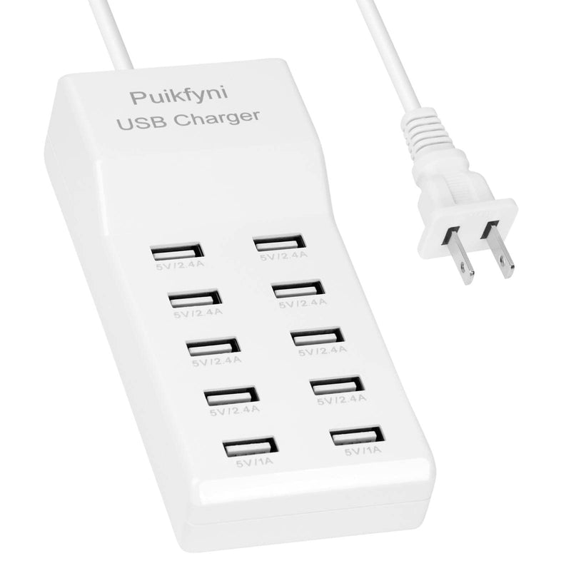 10-Port USB Charger [UL Certified] Family-Sized Desktop USB Rapid Charger，Smart USB Charger for Multiple Devices Smart Phone Tablet Laptop Computer white