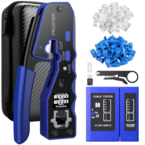 Proster RJ45 Crimper Kit - Pass-Thru for Cat6/Cat5e w/ 50 Connectors Blue