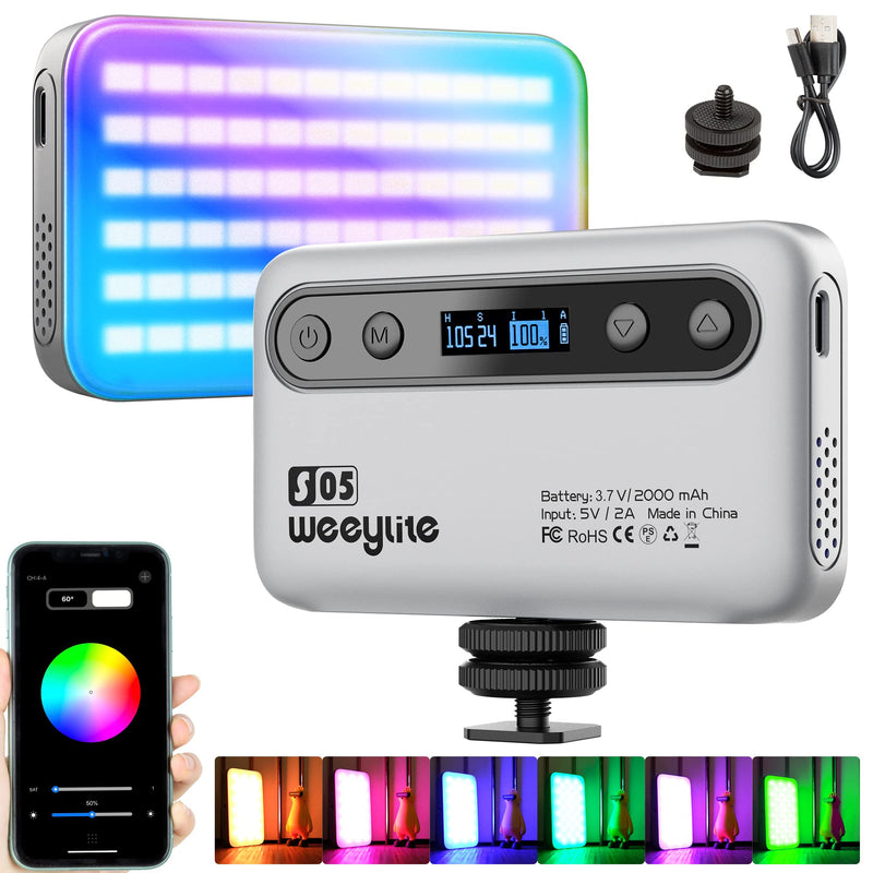 Weeylite CRI 95+ RGB Video Light, App Control LED On Camera Light 360° Full Color Portable Photography Lighting with 26 Scene Modes/2800K-6800K/2000mAh Rechargeable Mini LED Selfie Photo Light S05-Grey