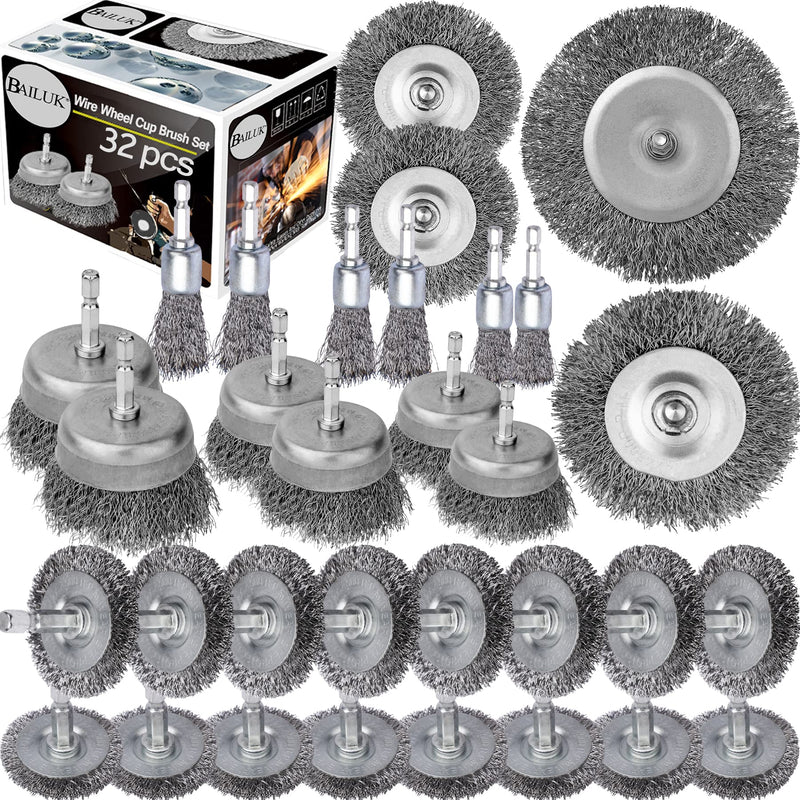 Wire Wheel Cup Brush Set, 0.012-Inch Coarse Crimped Carbon Steel, Die Grinder Wire Brush for Drill, 1/4In Hex Shank, 32 Pack
