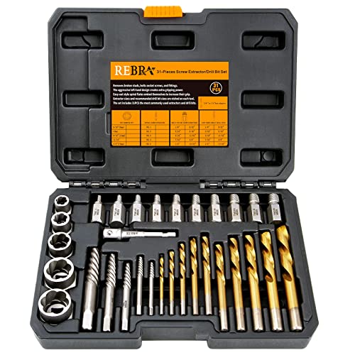 Screw Extractor Set, 37# Cr-Mo & 6542 HSS Steel Cobalt Left-Hand Drill Bit, Easy Out Broken Bolt Remover Reverse, Ez Out Stripped, Rounded-Off, Damaged Bolts, Screws&Studs Removal Tool (31-Pieces) 31-Pieces