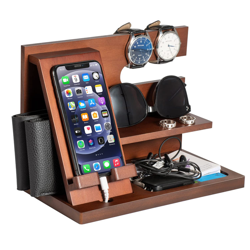 Wood Phone Docking Station - Gifts for Men Desk or Nightstand Organizer - Birthday Gifts for Husband, Fathers Day for Dad - Anniversary Idea from Wife - Key Holder, Stand Wallet, Watch & Essentials Wood