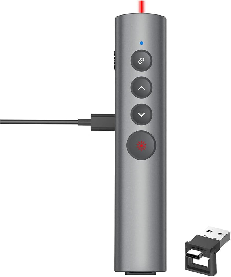 Rechargeable Presentation Clicker, 2 in 1 USB-A USB-C Metal Wireless Remote Powerpoint Slide Clicker with Volume Control for PPT/Mac/Laptop/Computer, Google Slide Advancer Bright Red Light