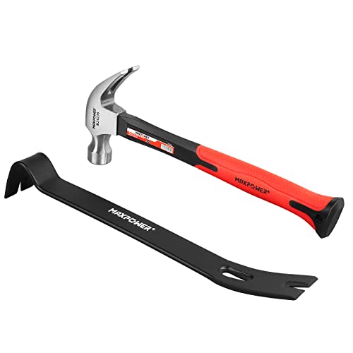MAXPOWER Hammer and Pry Bar Set, 20oz Claw Hammer &15-inch Flat Pry Bar 20oz Claw Hammer Set
