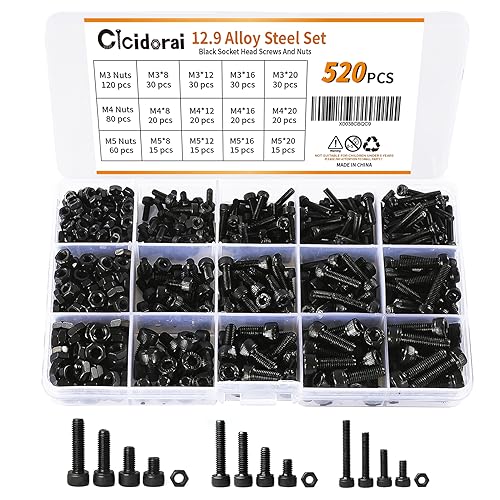 520Pcs M3 M4 M5 12.9 Grade Alloy Steel,Hex Socket Head Cap Screws Bolts, and Nuts Black Screw Assortment Kit 12.9 Hex Socket Head M345