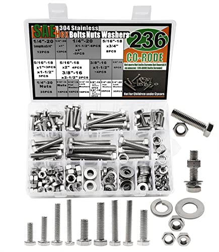CO-RODE 236PCS 1/4-20, 5/16-18, 3/8-16 Heavy Duty Bolts and Nuts Assortment Kit,SAE Flat Washers, Lock Washers,304 Stainless Steel,10 Most Common Sizes