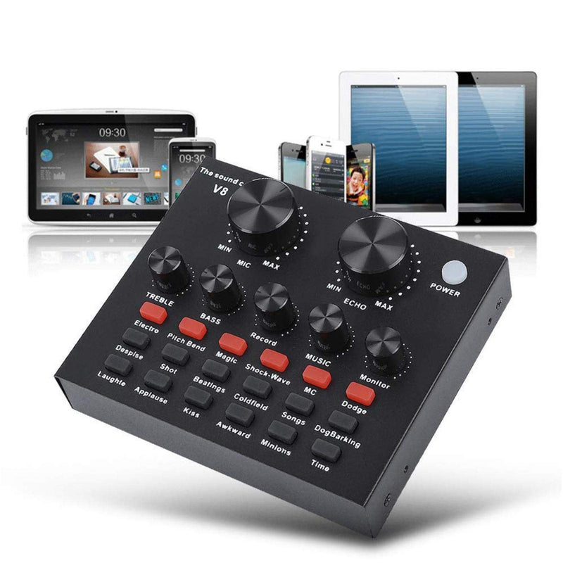 V8 Live Sound Card, Audio Mixer USB External Sound Card Headset Microphone Sound Card Live Broadcast KTV Sound Card for Double Cell Phone for Live KTV Voice Chat(Black)